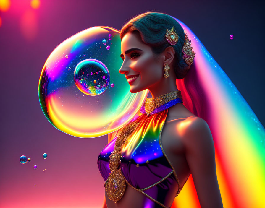 Woman with gleaming jewelry and iridescent bubbles on vibrant neon background