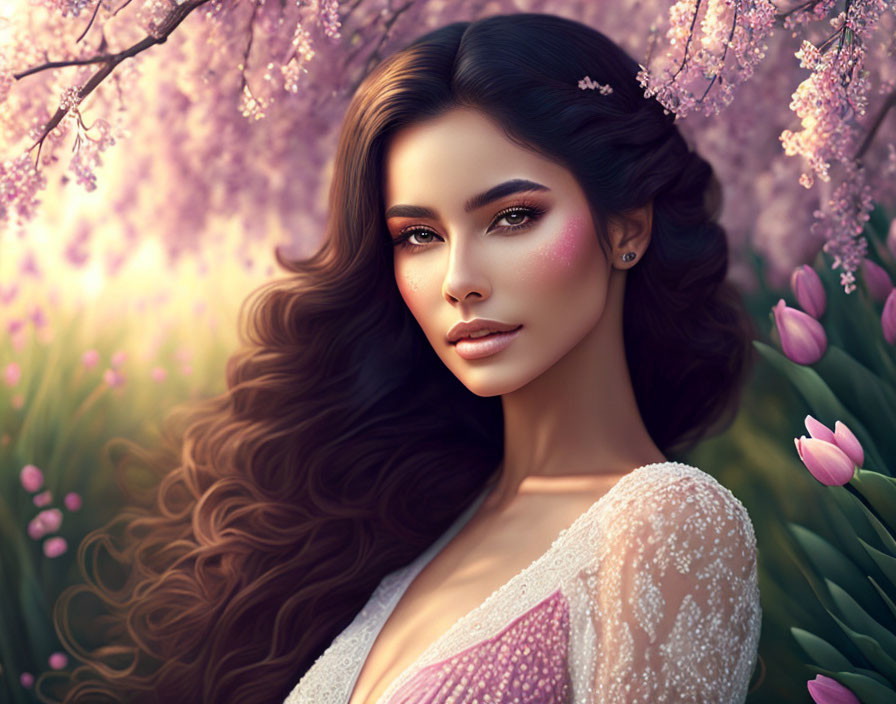 Digital illustration: Woman with long wavy hair in spring setting surrounded by pink blossoms.