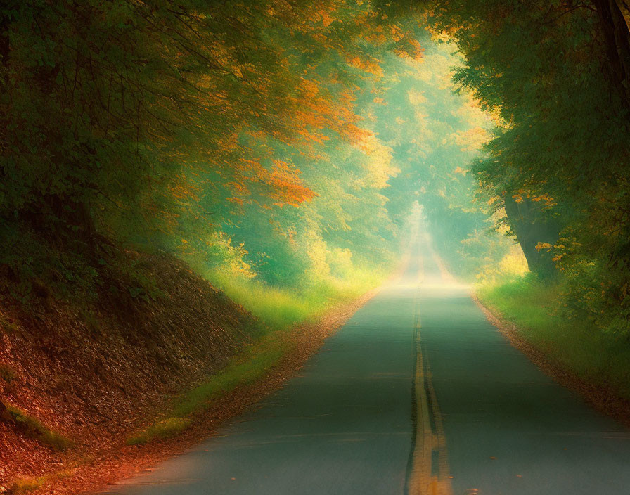 Tranquil autumn road with trees and hazy light