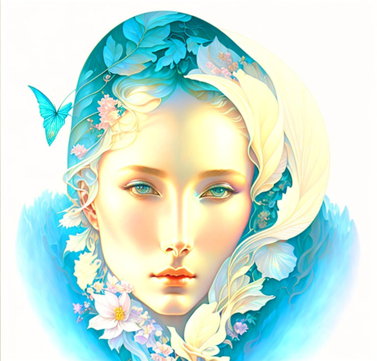 Detailed illustration of woman's face with blue leaves, flowers, and butterfly.