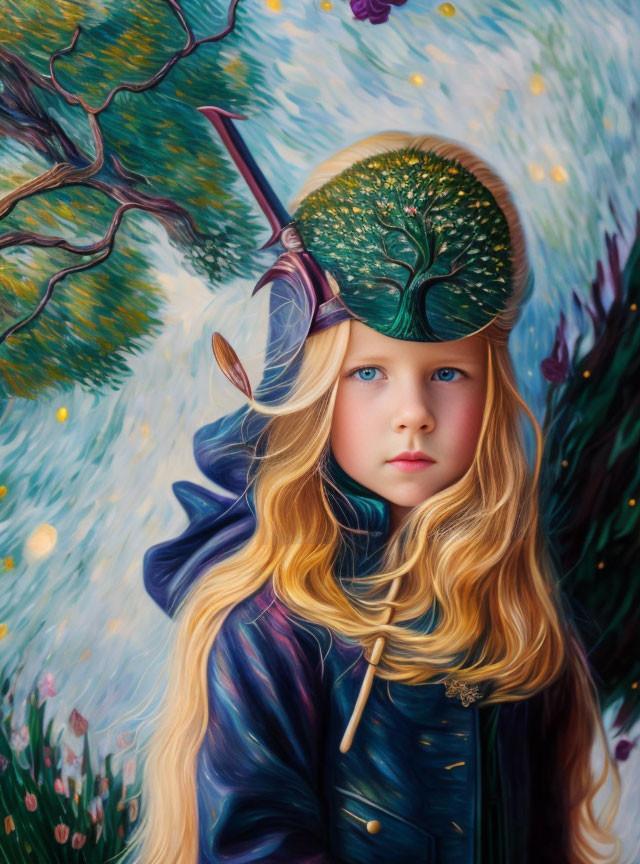 Blonde girl with blue eyes in tree-like hat against swirling backdrop