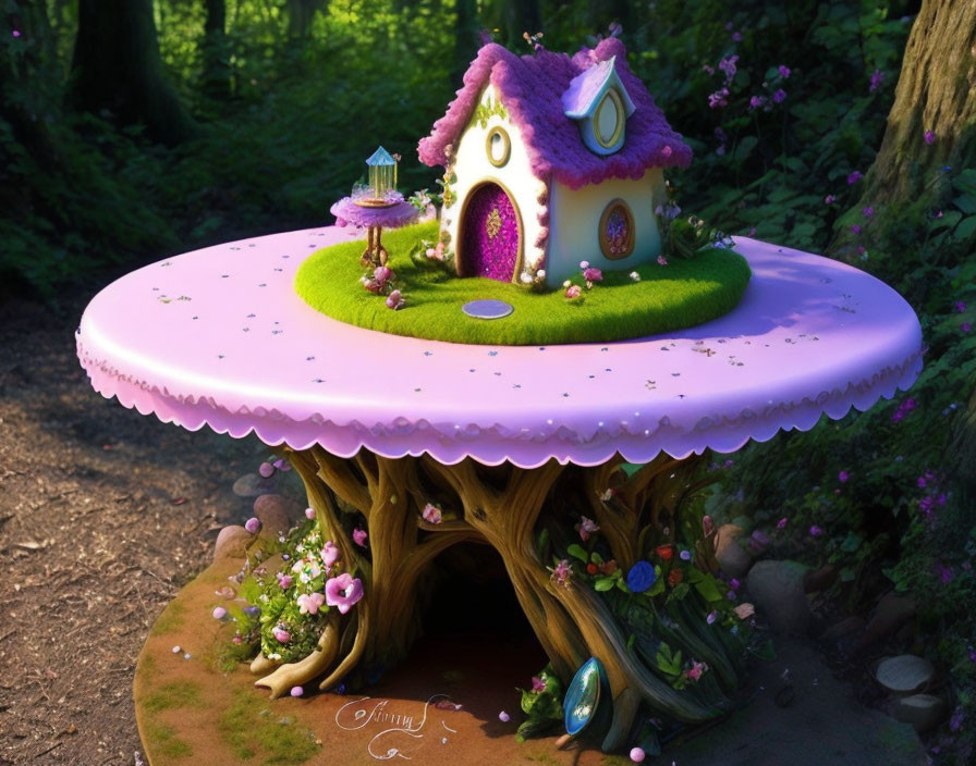 Whimsical fairy-tale house on tree stump with pink roof in lush forest