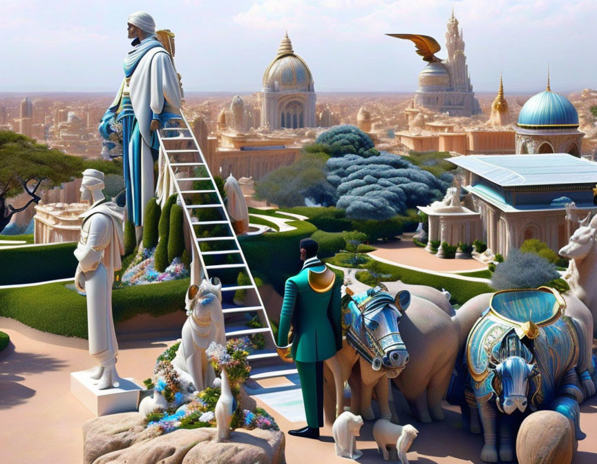 Surreal landscape with statues, elephant, man climbing ladder