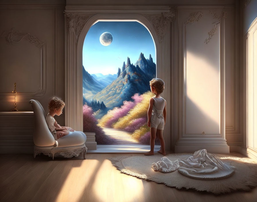 Children in classical room view fantasy landscape with mountains and large moon.