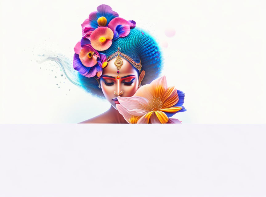 Digital artwork: Woman with blue skin, adorned with flowers and head jewelry, holding a large bloom.