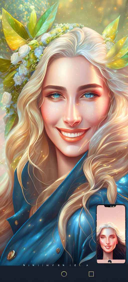 Smiling woman with blond hair and floral crown in celestial-themed digital art