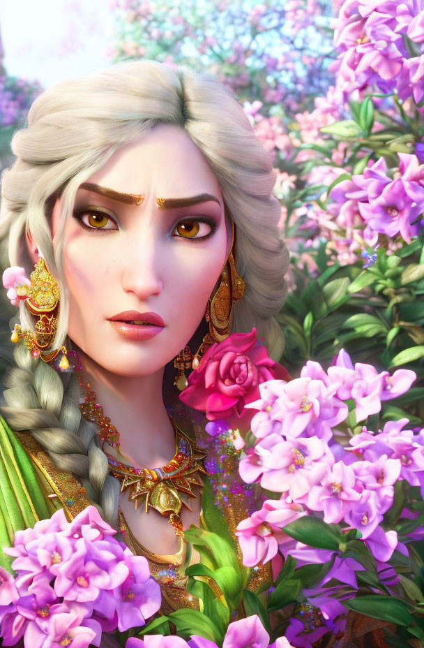 Animated female character with braided hairstyle and golden jewelry in front of purple flowers