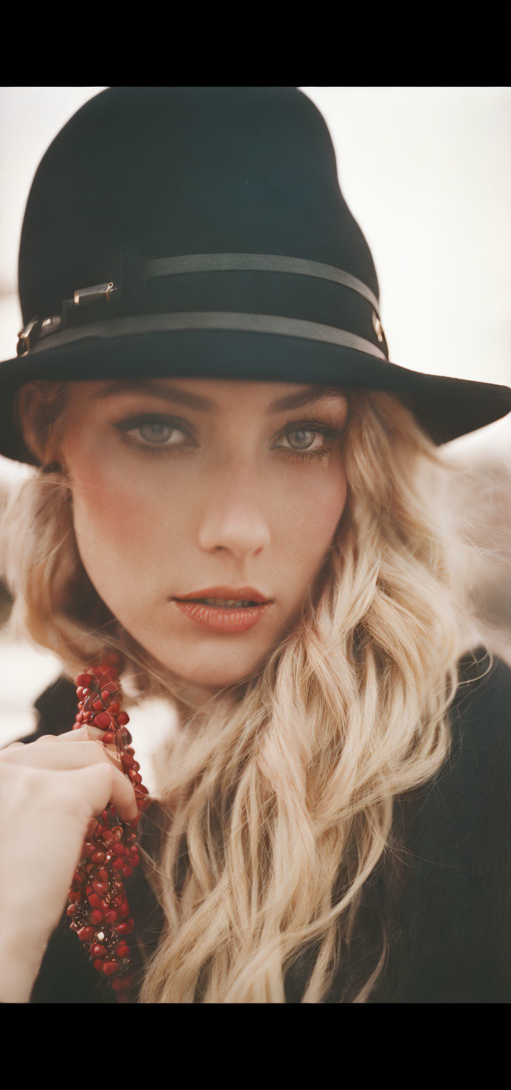 Blonde Woman in Black Hat with Blue Eyes and Red Beaded Accessory