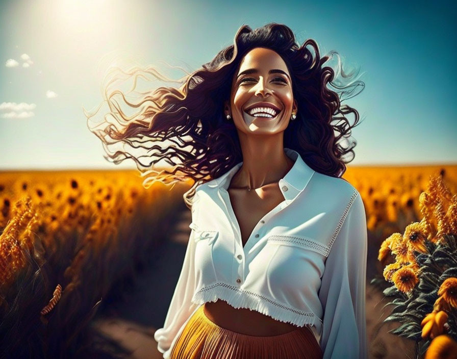 Woman in sunflower field under clear sky, smiling broadly