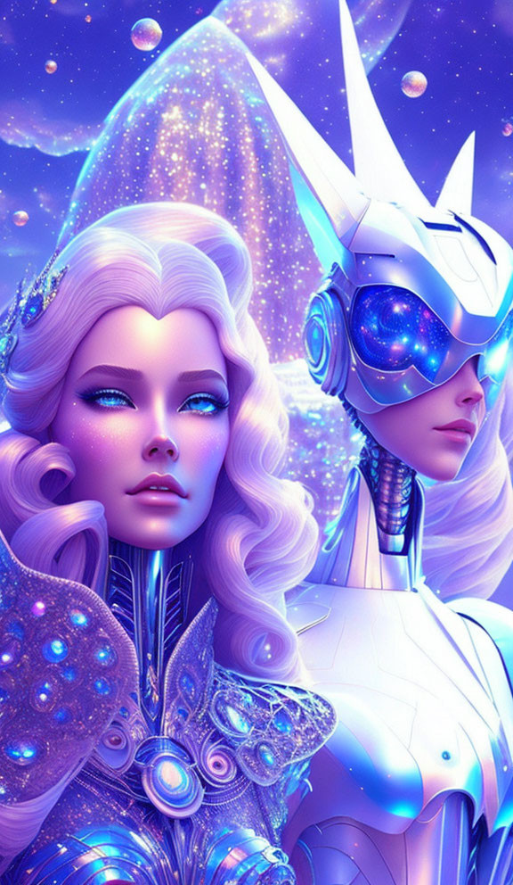 Fantasy image: Elven and robotic figures in cosmic setting