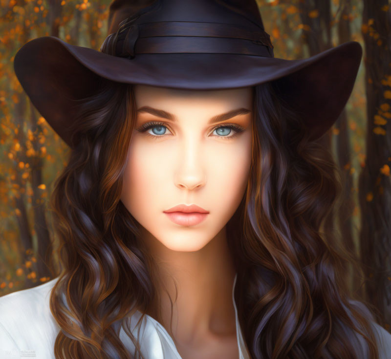 Digital portrait of woman with wavy brown hair and blue eyes in brown hat against autumnal tree background