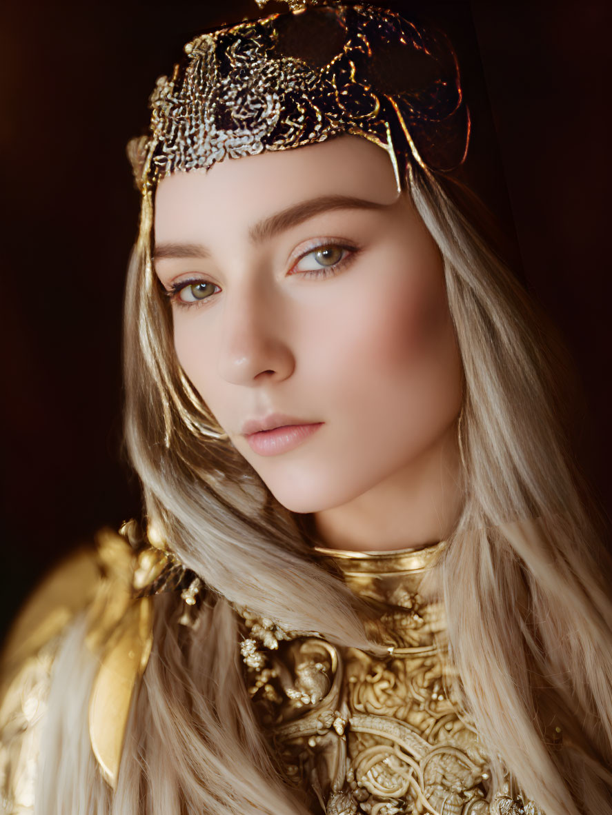 Blonde individual in golden headpiece and armor exudes regal confidence