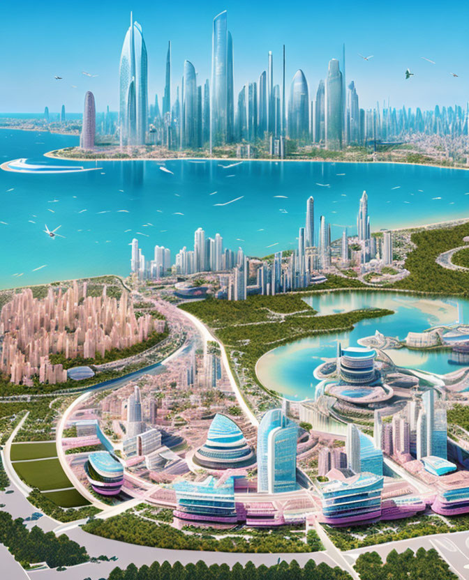 Futuristic cityscape with skyscrapers, greenery, river, and flying vehicles