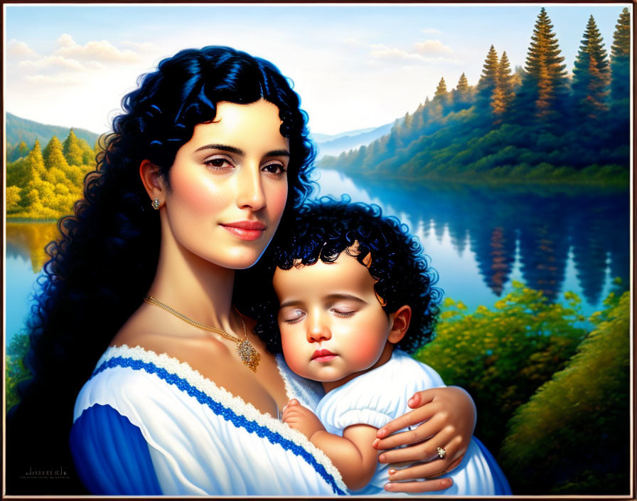 Portrait of woman with dark curly hair holding sleeping child in blue dress by serene river and forest