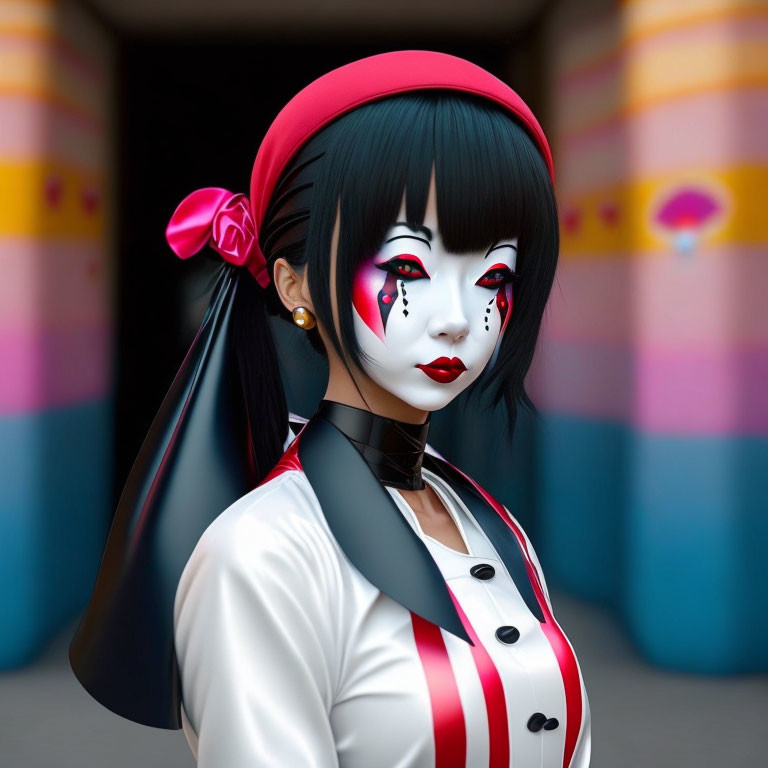 Detailed 3D illustration of woman with black hair, red hat, white face makeup, and black