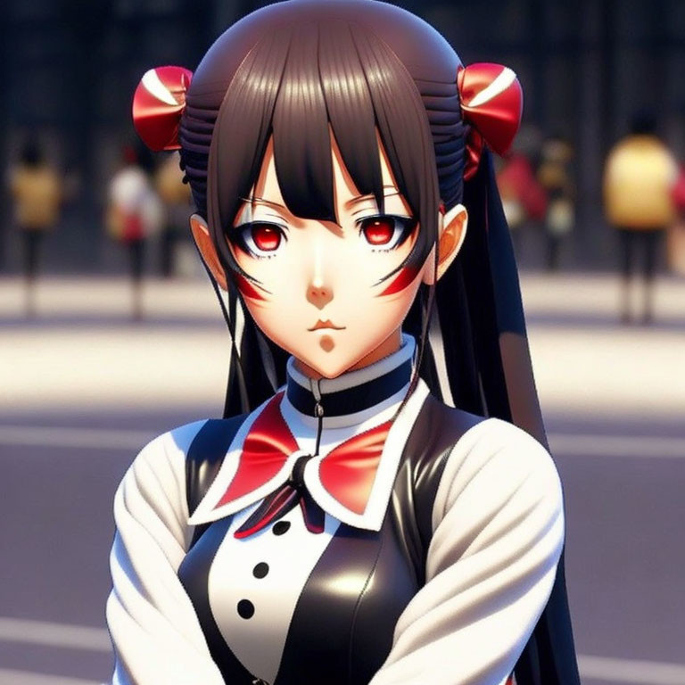 Animated character with long black hair, red eyes, twin tails, black and white outfit, red ribbon