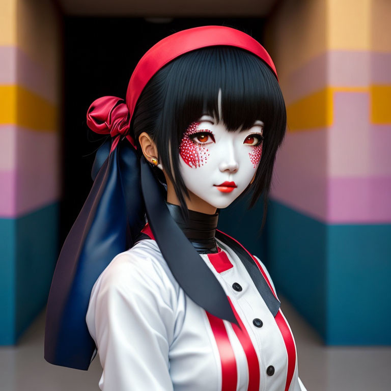 Person with Doll-Inspired Makeup and Red/Black Outfit