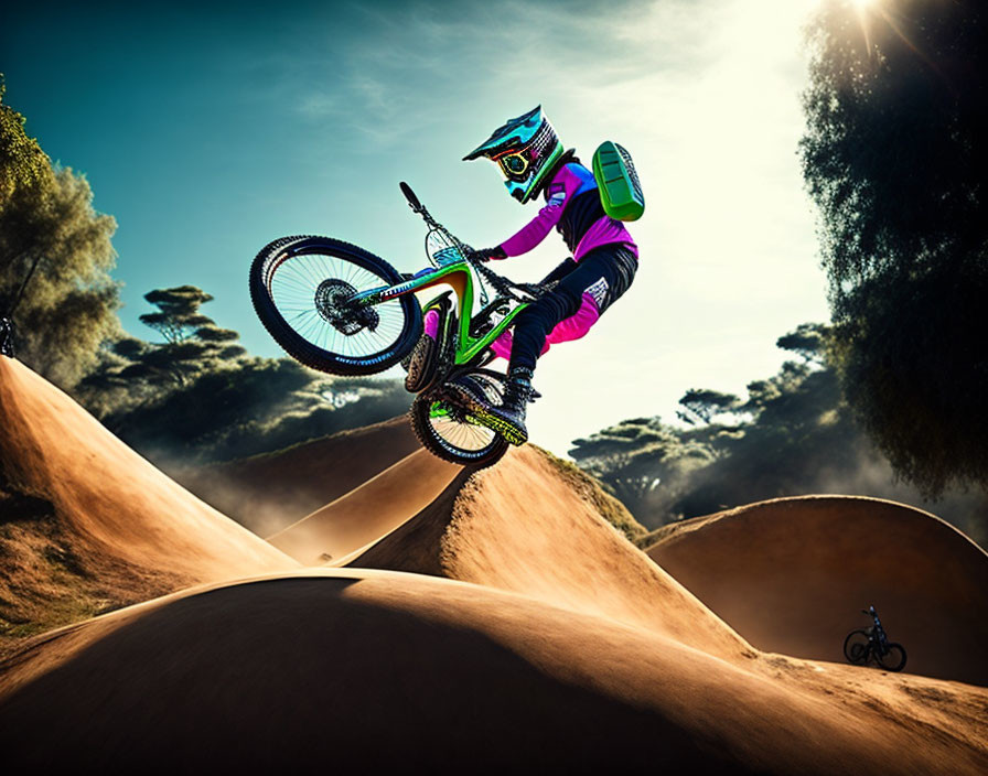 Cyclist performing trick on dirt jump track with another biker watching