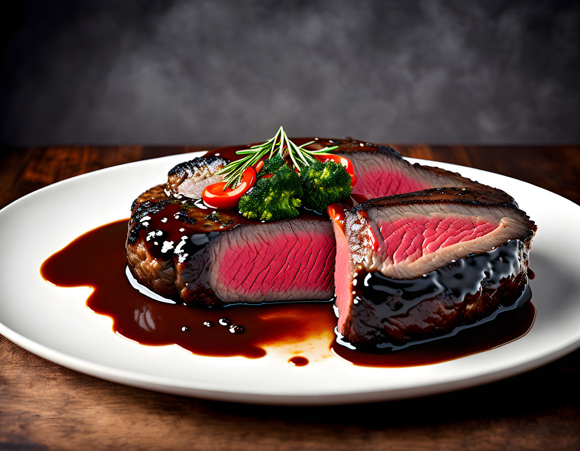 Juicy medium-rare steak slices with rosemary, cherry tomato, broccoli, and rich sauce