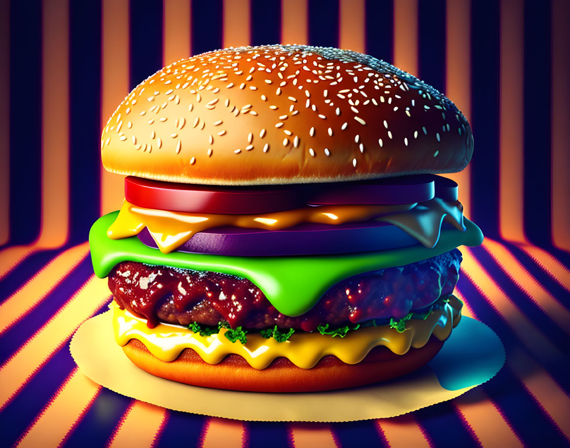 Stylized cheeseburger with lettuce, cheese, onions, and condiments on striped background.