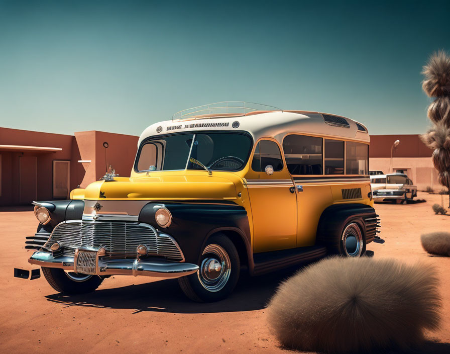 Classic Yellow and Black Car in Desert Setting with Palm Trees