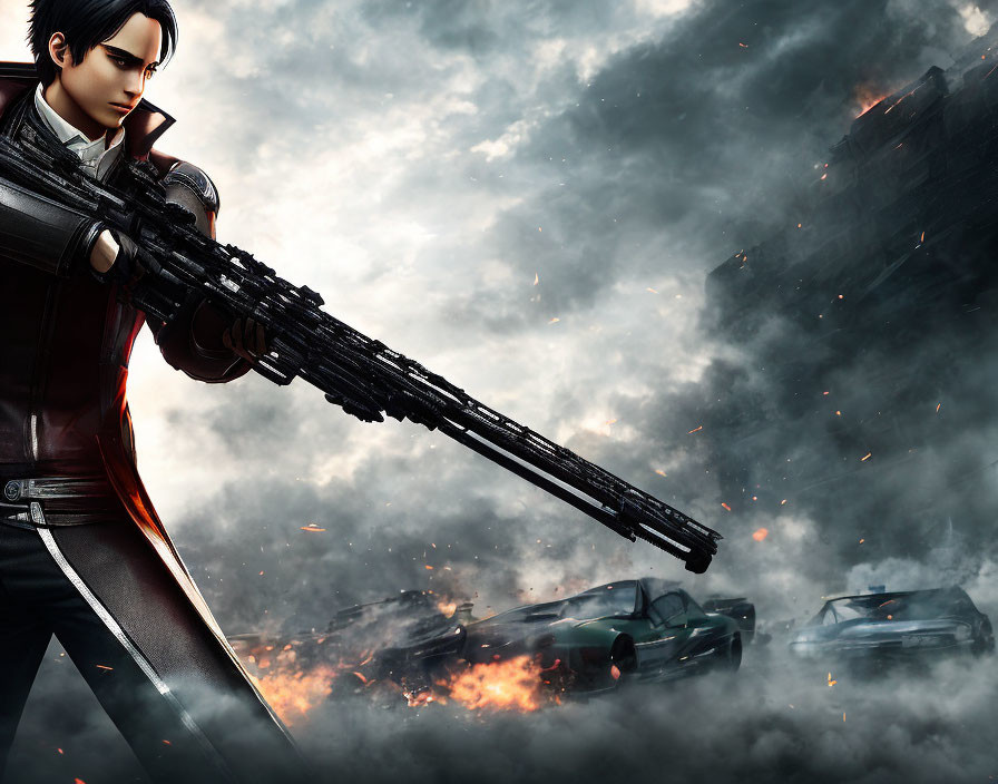 Animated female character with gun in action scene with wrecked cars under stormy sky