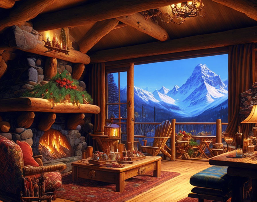 Snow-capped mountain view in cozy cabin interior