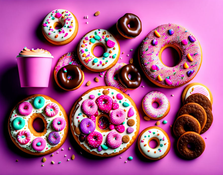 Colorful Sprinkled Donuts with Bite Marks on Pink Cup, Purple Background