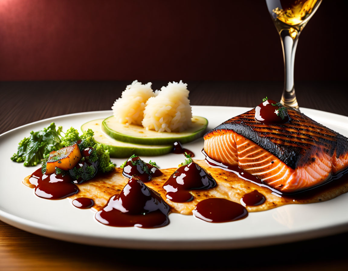 Salmon fillet with teriyaki glaze, mashed potatoes, broccoli, apples, and white