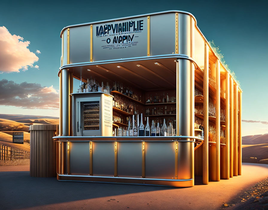 Metallic Outdoor Bar with Stocked Shelves Against Hillside Backdrop