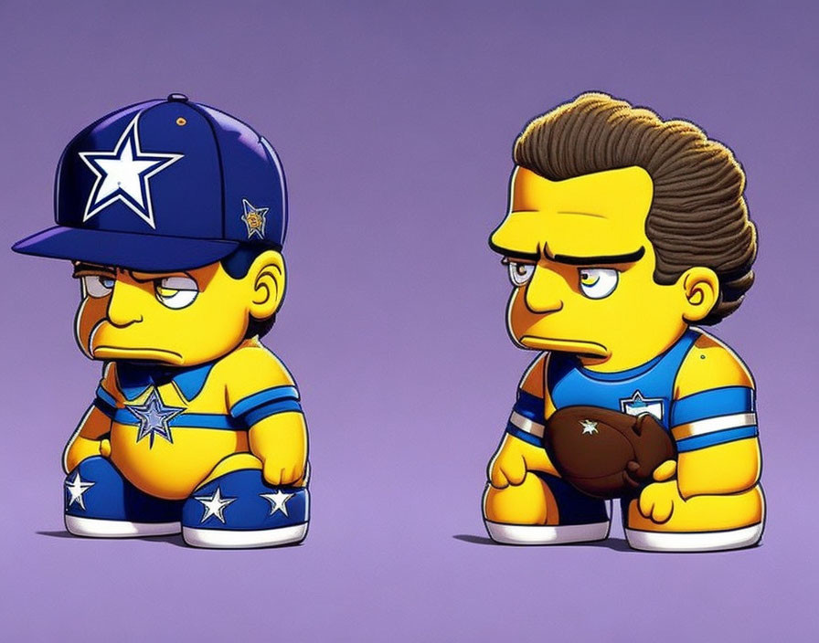 Cartoon characters in Dallas Cowboys uniforms on purple background