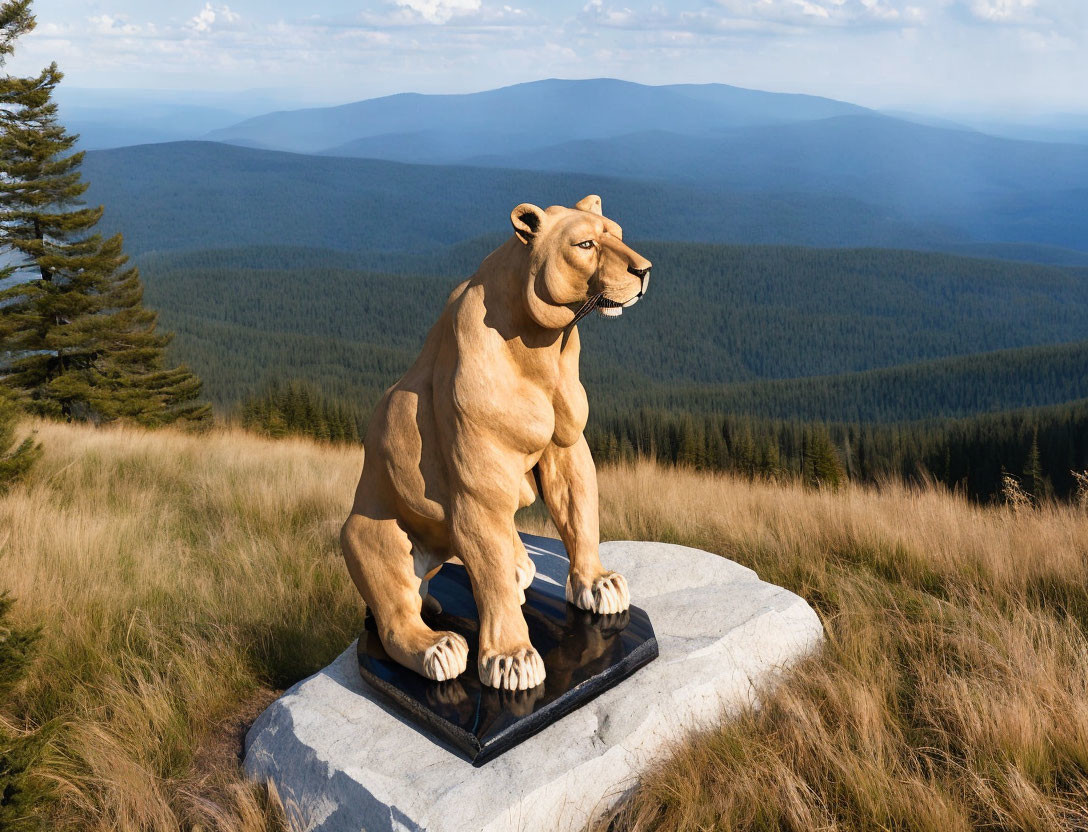 Realistic lioness statue on pedestal with scenic backdrop of hills and forest.