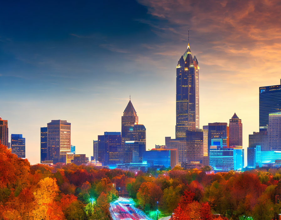 Colorful Autumn Trees Frame Dusk City Skyline