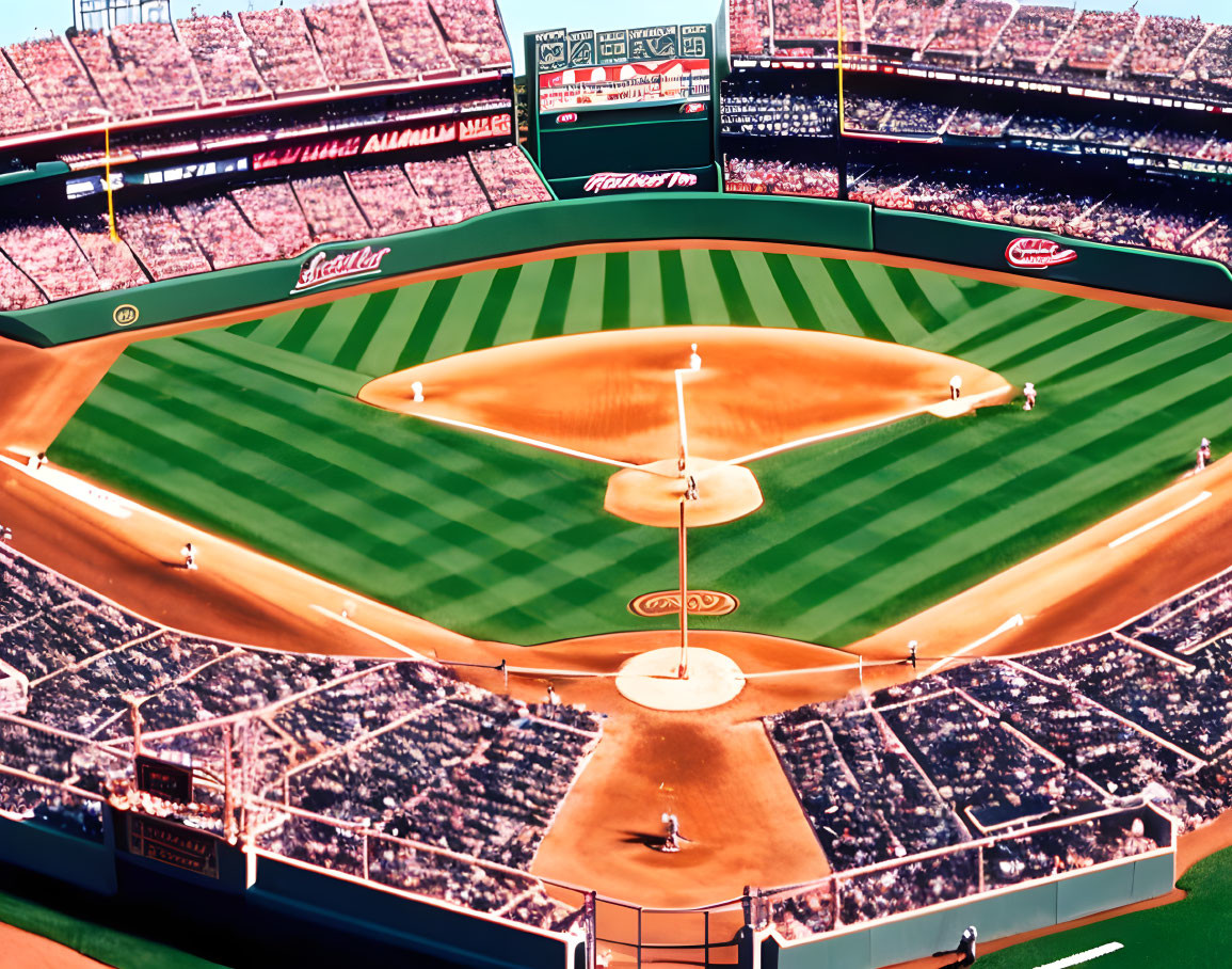 Vibrant baseball stadium with green field and advertising banners