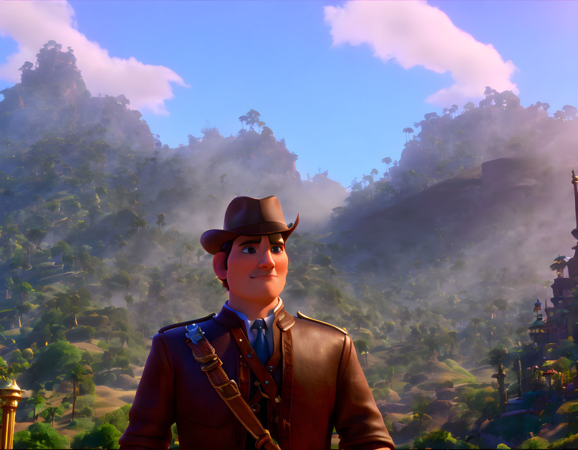 Animated character in hat and satchel in misty forest landscape