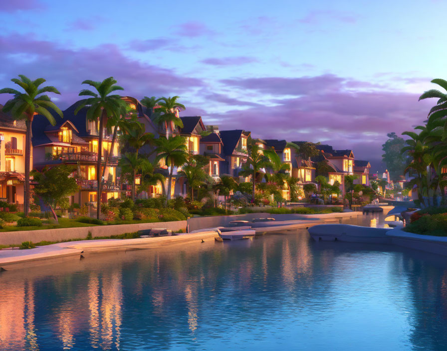 Luxurious waterfront houses at twilight with calm canal and palm trees