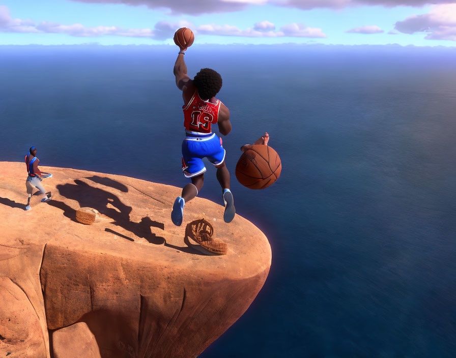 Animated basketball players dunking on cliffside hoop above ocean
