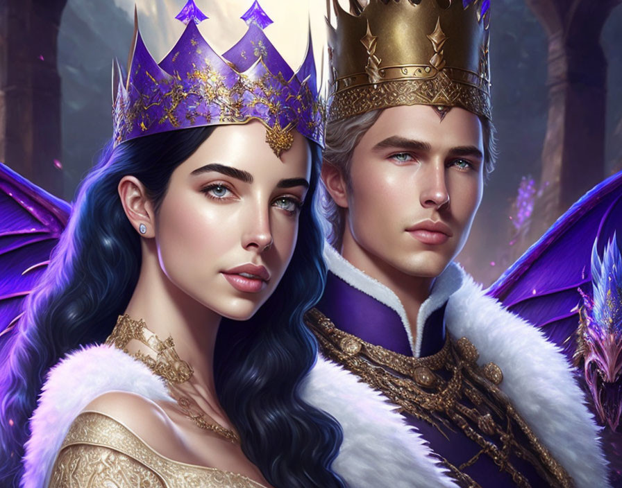 Fantasy King and Queen Digital Art with Purple Angel Wings