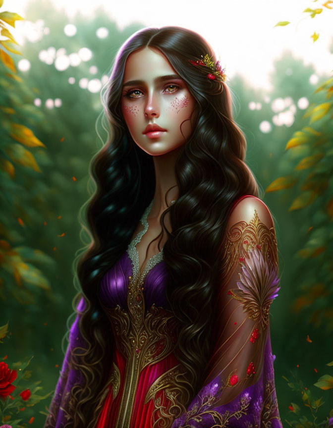 Digital illustration of woman with long black hair, green eyes, red flowers, and golden leaf patterns.