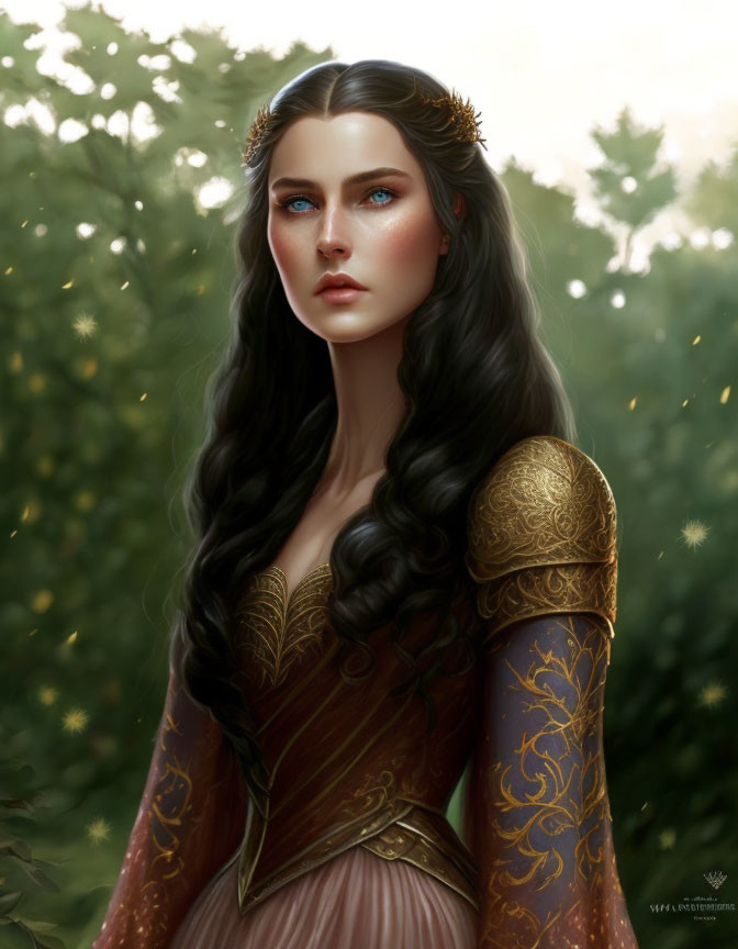 Woman with long black hair and golden leaf crown in forest setting