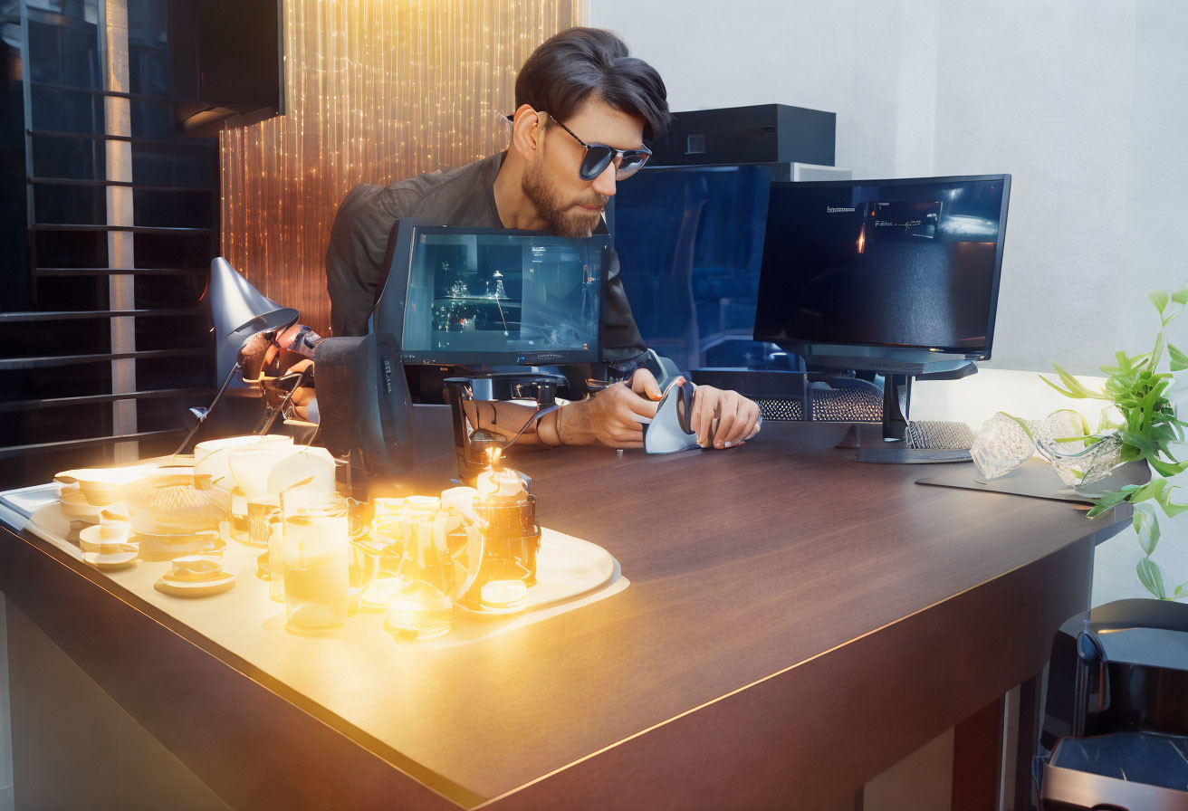 Man in Sunglasses Conducts Research at Desk with Monitors and Lab Equipment