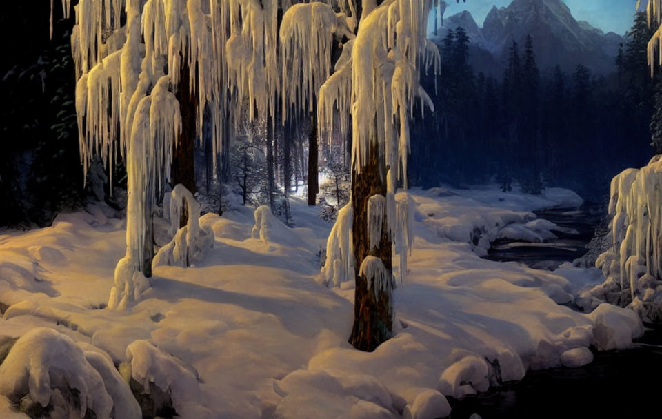 Winter landscape with snow, icicles, and creek in forest