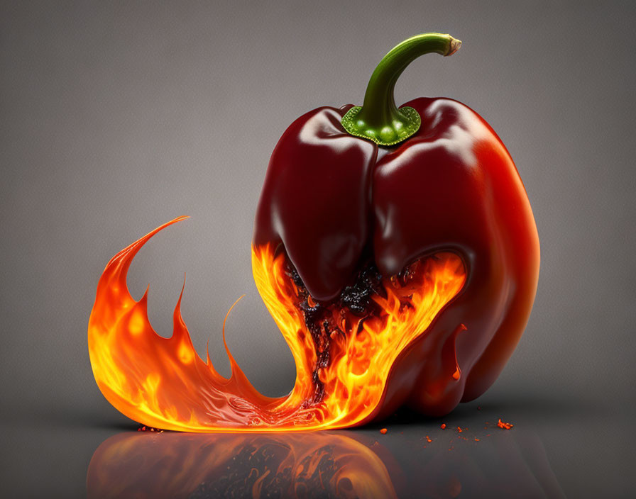 Red Bell Pepper with Fiery Flame Effect on Grey Background