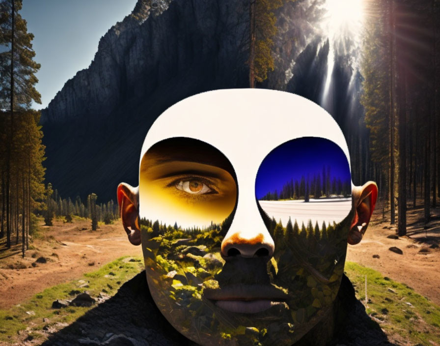 Surreal image of human-like face mask with sky, forest, road, and sunset-lit