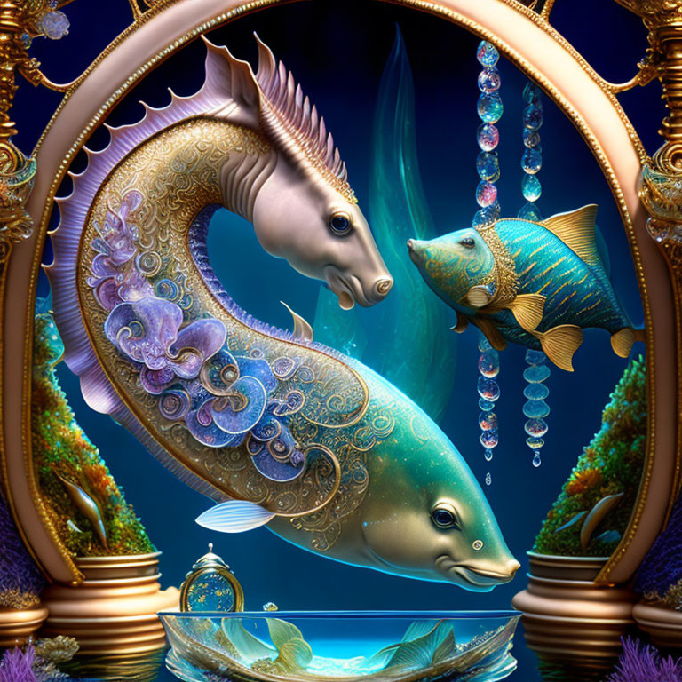 Gold-framed image of fantastical fish with intricate patterns and jewels