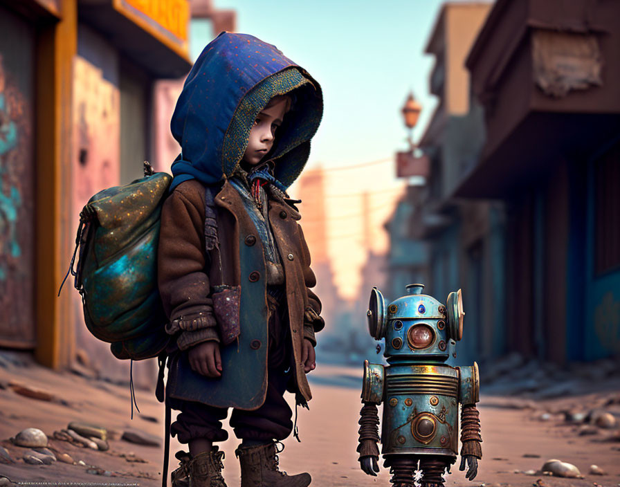 Child in hooded jacket with robot companion in deserted street