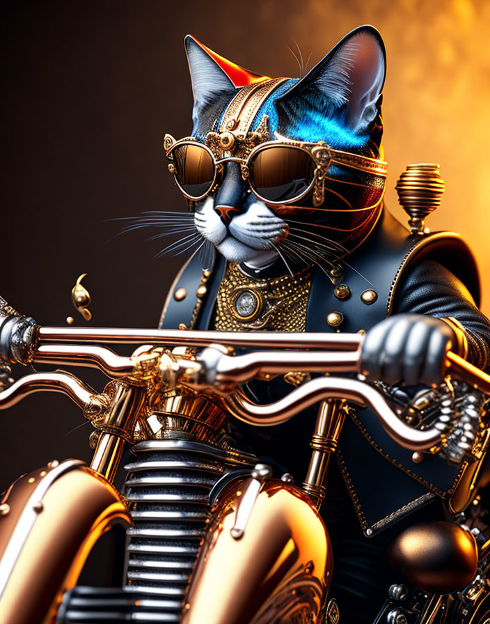 Stylized 3D Cat on Motorcycle with Sunglasses in Fiery Scene