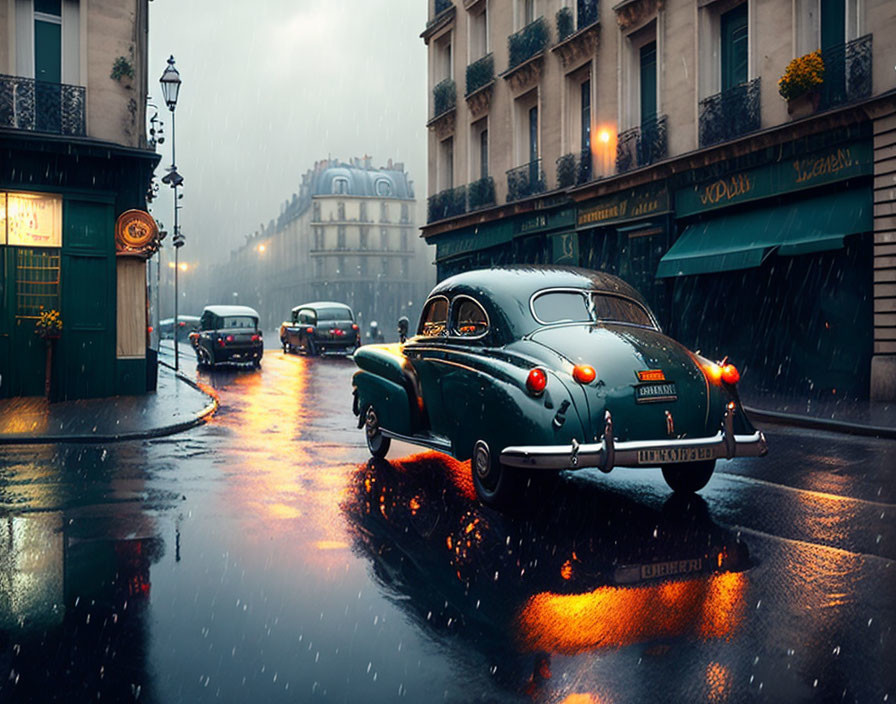 Vintage Car on Rainy Paris Street with Reflections and Ambient Lights