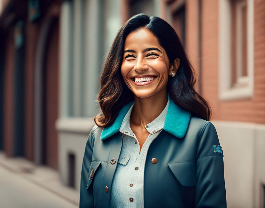 Woman in stylish blue coat smiling on city street