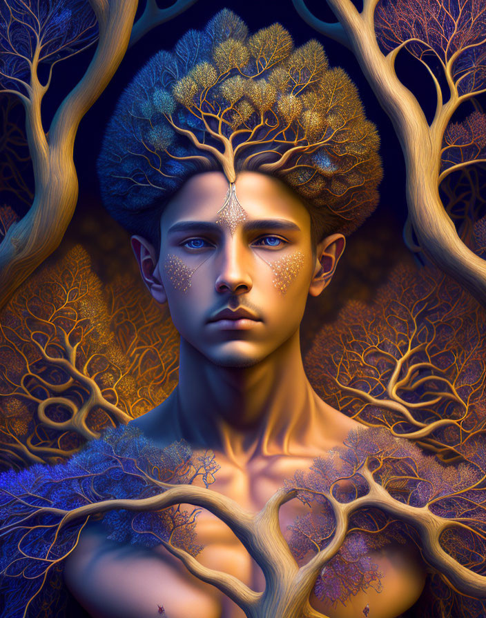 Digital art portrait featuring tree branches and leaves in hair, with mystical, nature-inspired theme in blue and